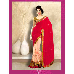 Kmozi New Fancy DesignerLight Saree, red and light pink