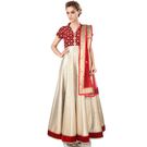 Kmozi Velvet Anarkali Suit (Semi-Stitched), red and cream