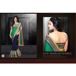 Kmozi Fancy Designer Georgette Saree, blue and green