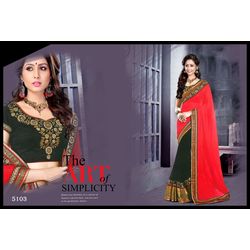 Kmozi Designer Lace Work Saree, red and black