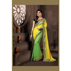 Kmozi Fancy Lace Workdesigner Saree, light green and yellow