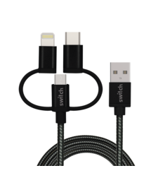 SWITCH 3 IN 1 MICRO TYPE C MFI LIGHTNING CHARGE AND SYNC CABLE BLACK, 1.8m