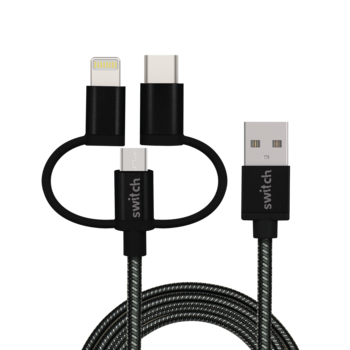 SWITCH 3 IN 1 MICRO TYPE C MFI LIGHTNING CHARGE AND SYNC CABLE BLACK, 1.8m