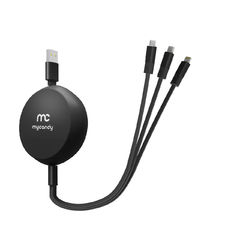 MYCANDY RETRACTABLE 3 IN 1 CHARGE AND SYNC 1M CABLE,  black