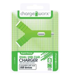 CHARGE WORX DUAL USB Y SHAPE CAR CHARGER,  green