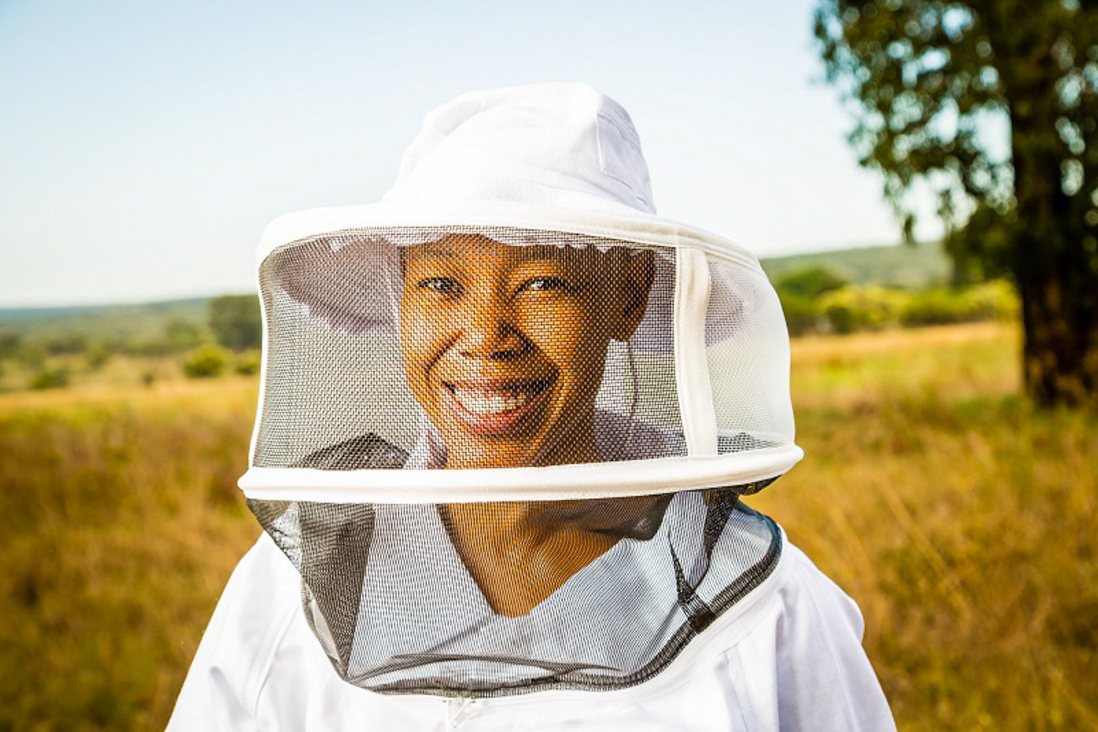 Female beekeeper Mokgadi Mabela of Native Nosi in beekeeper outfit